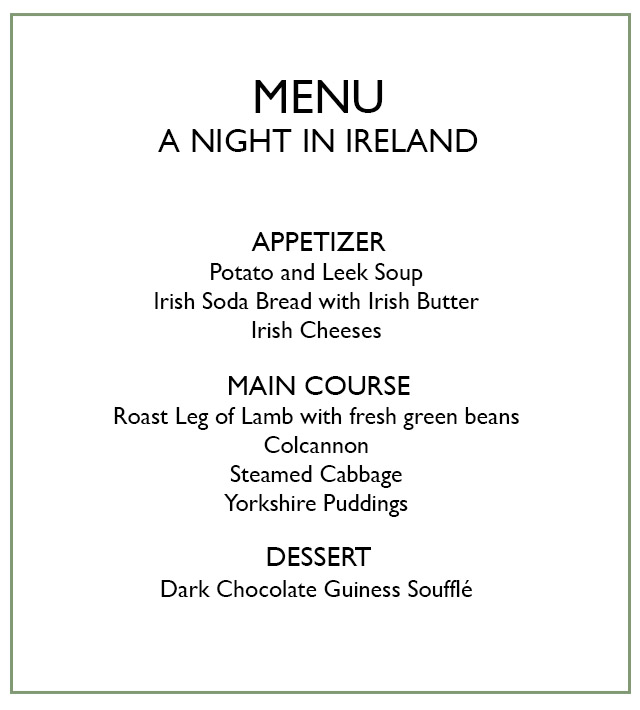 menu for a night in Ireland dinner