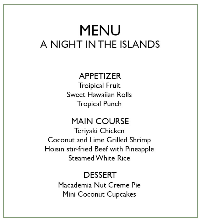 menu for Hawaiian Dinner Party