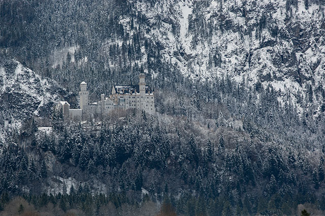 view of Neuschwanstein Castle in the snow