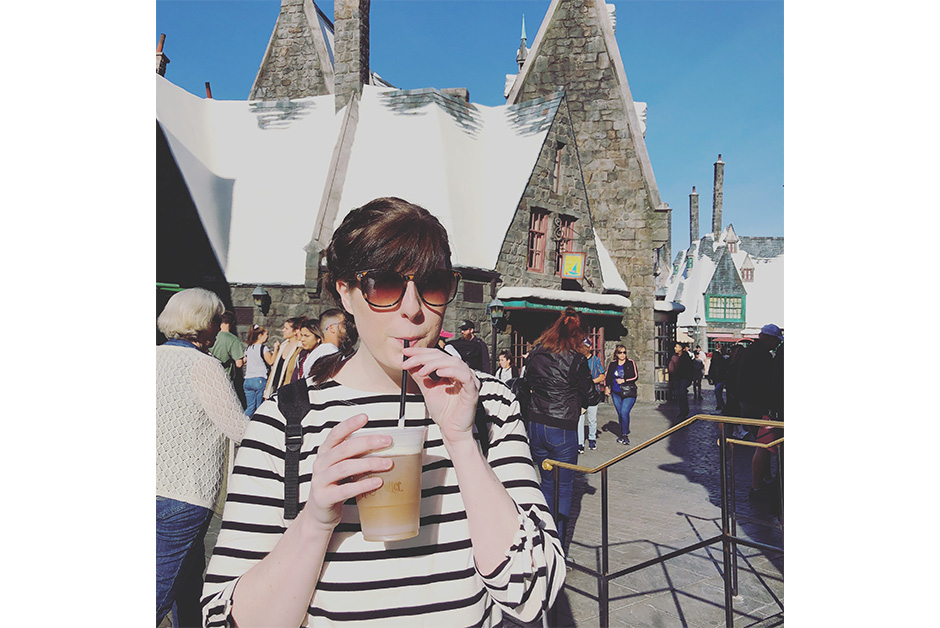 Wizarding World of Harry Potter in Los Angeles drinking butterbeer